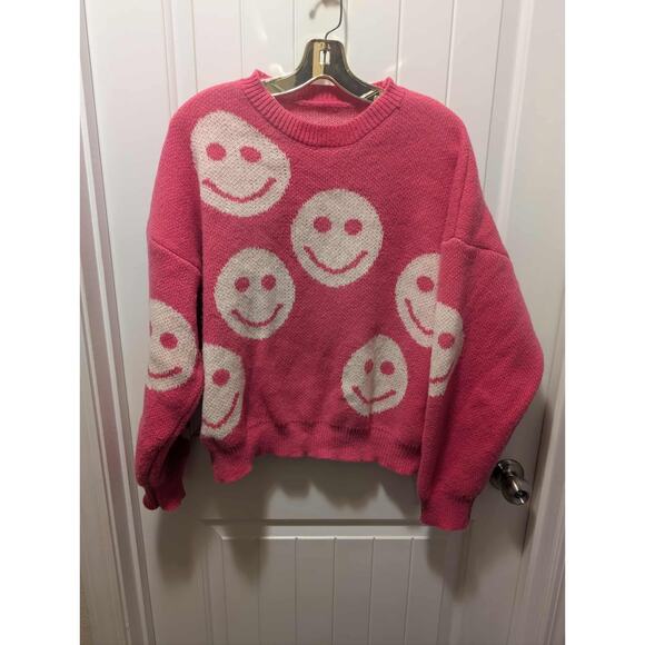 Barbie Pink Smiley Face Knit Crewneck Sweater Casual Comfy Size L - Picture 1 of 7